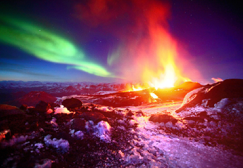 冰岛极光壮观景色 火山喷发 极光 星空同时出现,影视